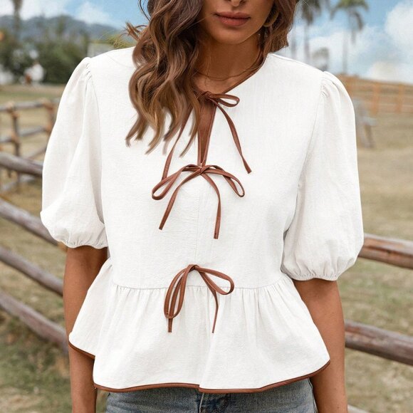 White Casual Women's Cute Puff Sleeve Colorblock Blouse - Picture 7 of 8